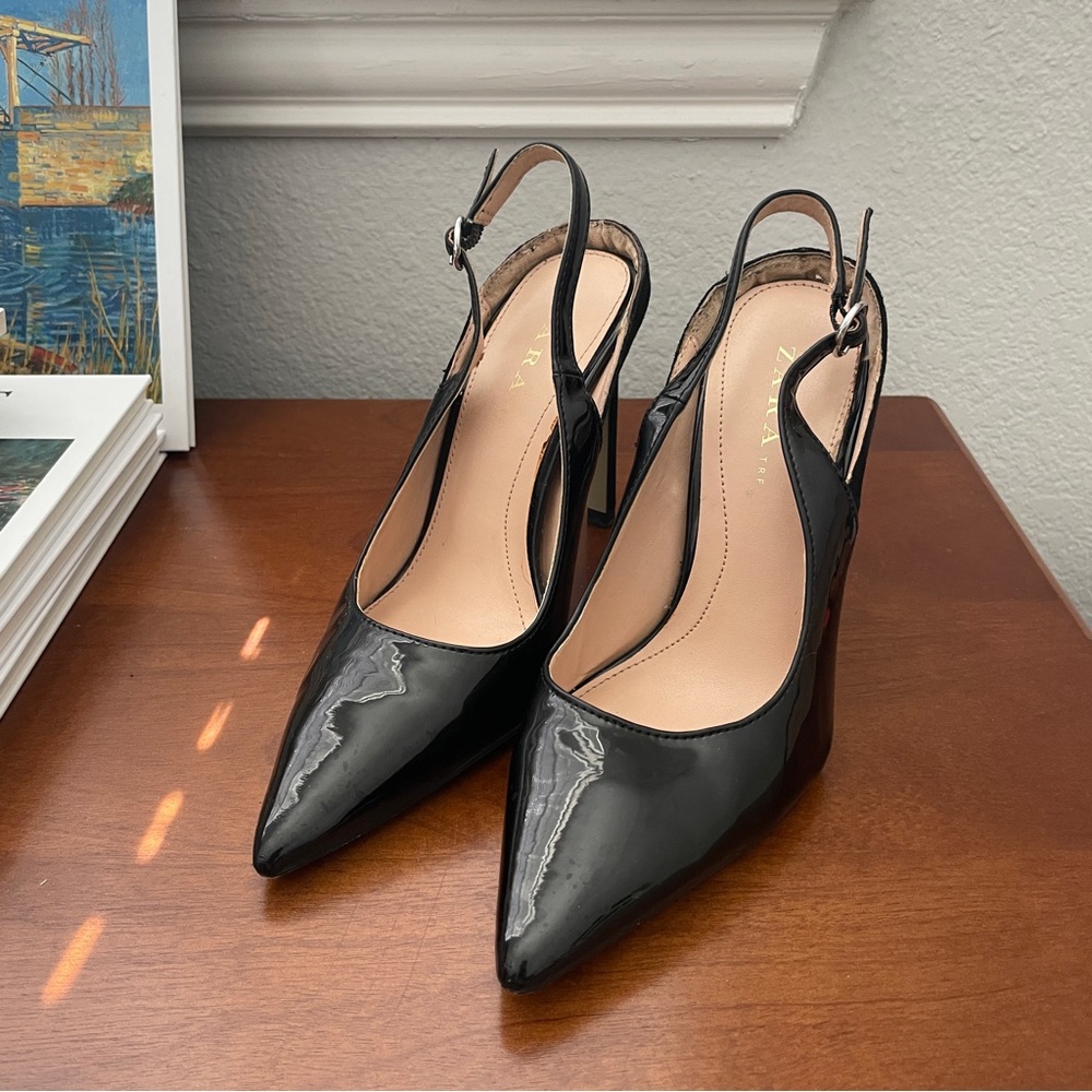 Zara Glossy Black Slingback Heels